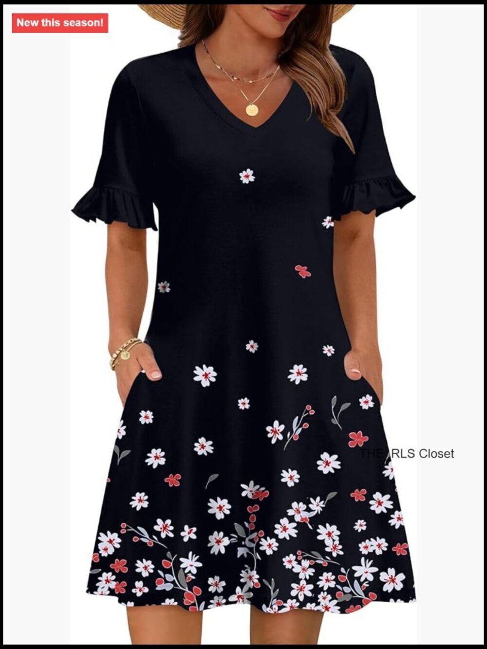 V-Neck Ruffle Sleeve A-Line Floral Dress with Pockets